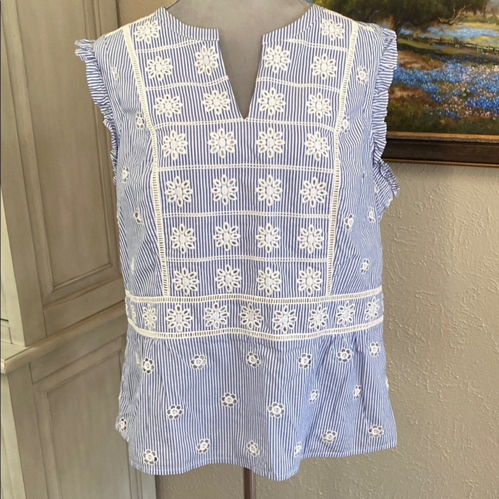 Boden Striped Blue and White Embroidered Blouse